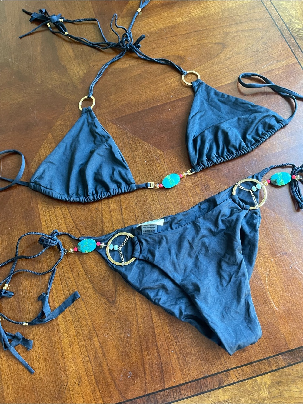 BEACH BUNNY bikini Black Triangle Bikini Set with Turquoise Accents size XL set - Picture 7 of 14